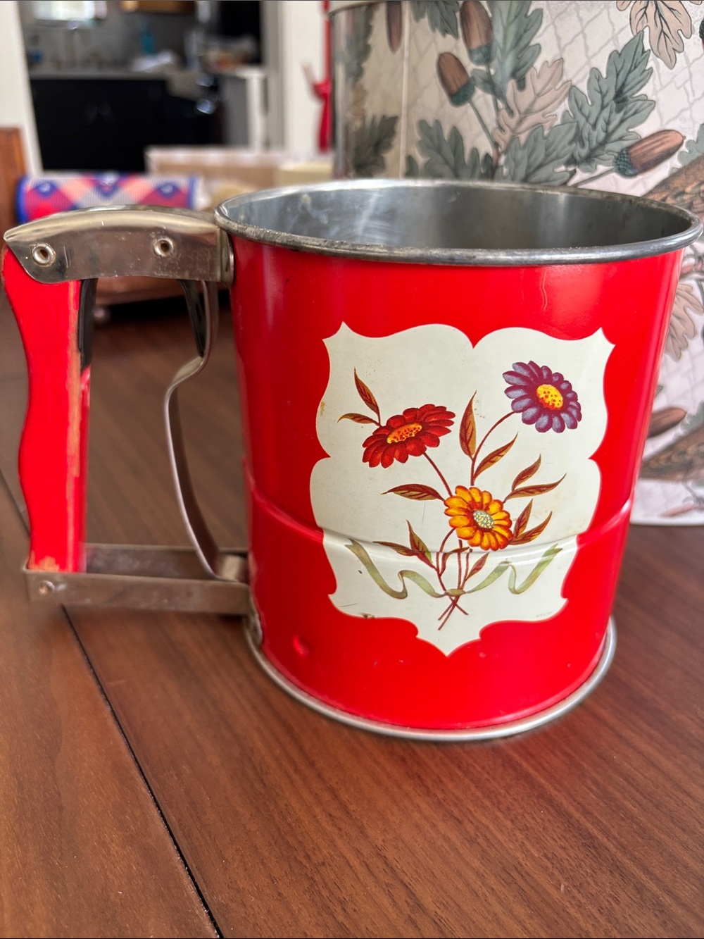 Vintage Red Metal Flour Sifter with Floral Panel by Hand-i-sift